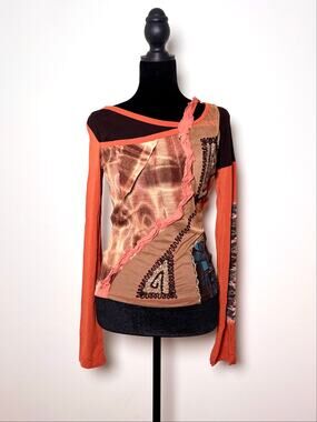 Vtg Y2K Save The Queen Orange Brown Mixed Fabric Maximalist Mesh Long Sleeve